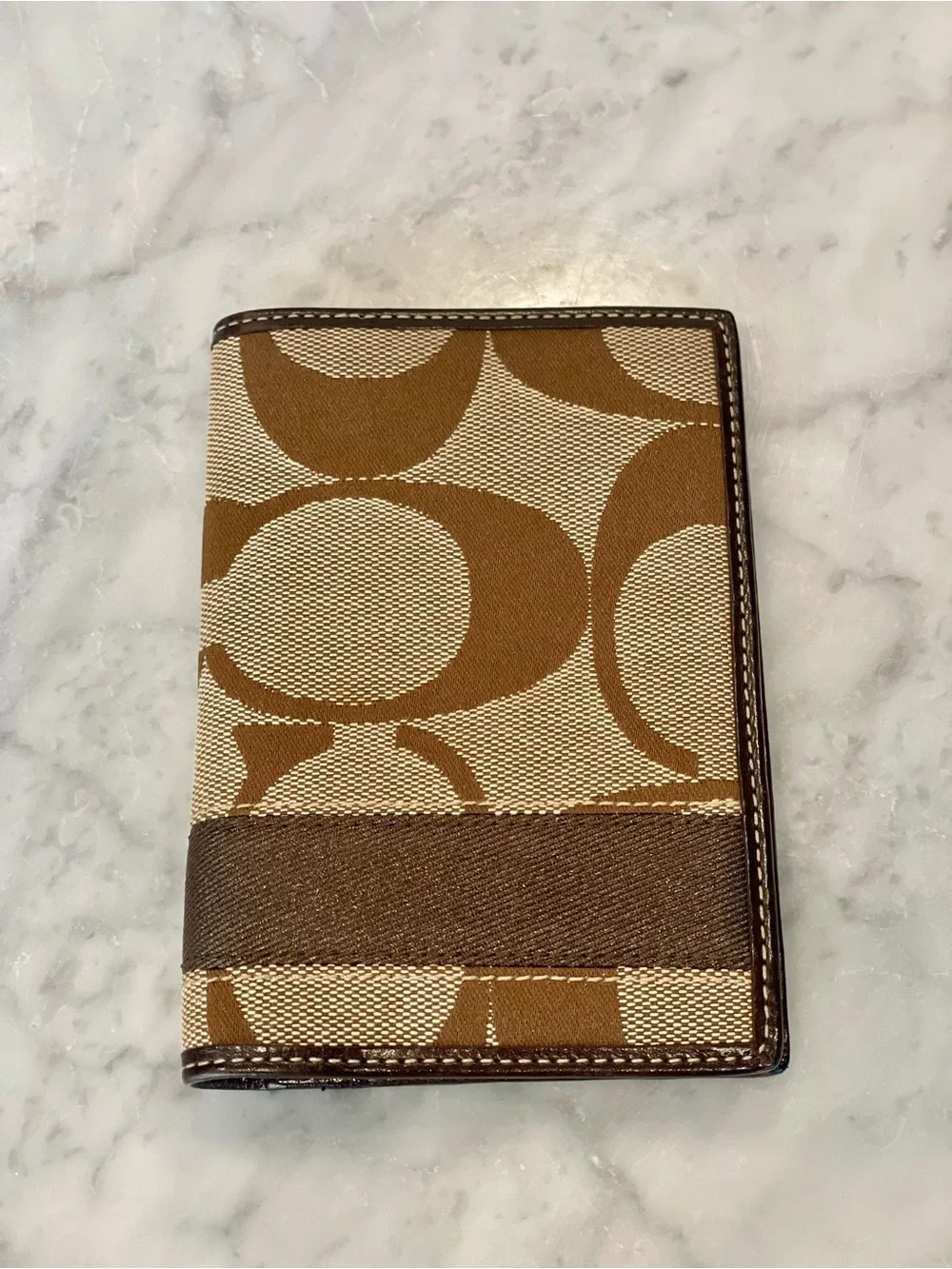 COACH Signature Stripe Passport Case Cover- Khaki/Mahogany